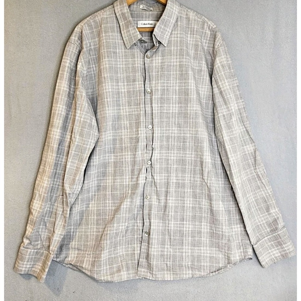Calvin Klein Mens XL Plaid Button Shirt Gray White Grid Smart Casual Designer